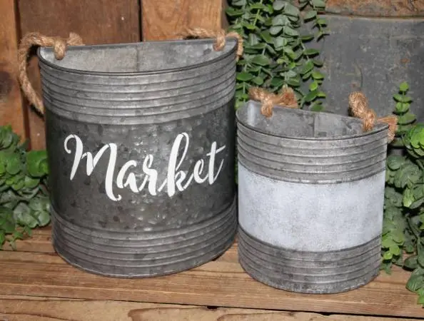 Pair of French Country Farmhouse Galvanized Metal MARKET Wall Buckets