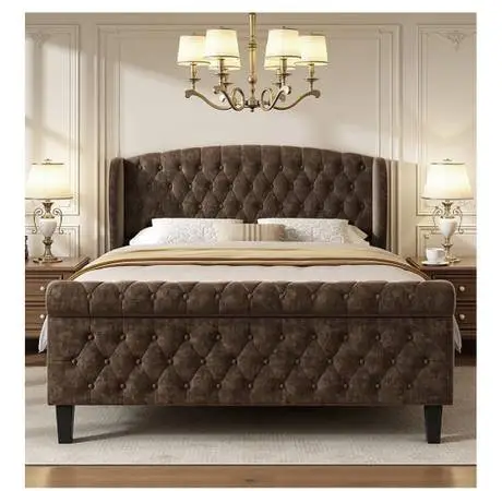 Sleigh Queen Bed Frame with 42 Wingback Headboard, Upholstered Queen