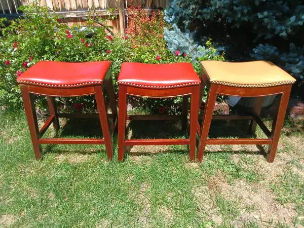 3 Bar Stool Chairs Red Orange Cream 18 x 12.5 x 23 tall
