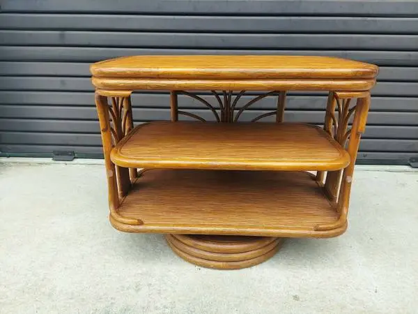 Vintage Mid Century Modern Rattan 3 Tier Revolving Table / TV Stand.
