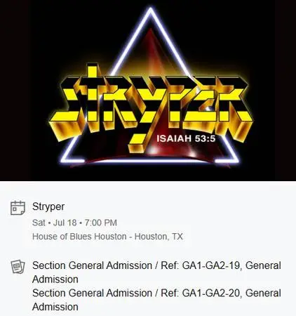 Stryper Concert Tickets Qty 2 (Houston)