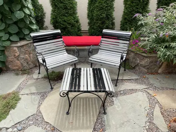 7 piece Woodard iron and vinyl patio furniture