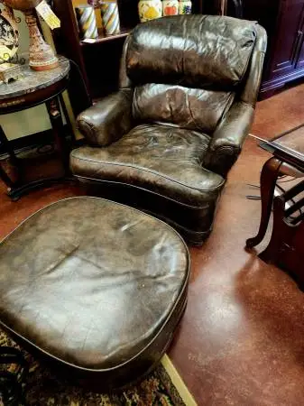 Ethan Allen Genuine Leather Club Chair with Ottoman.