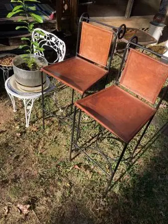 Spanish Leather and Wrought Iron Vintage Bar Stools- Heavy Solid Cond.