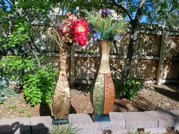 2 Vases w Fake Flowers 26 and 24 tall