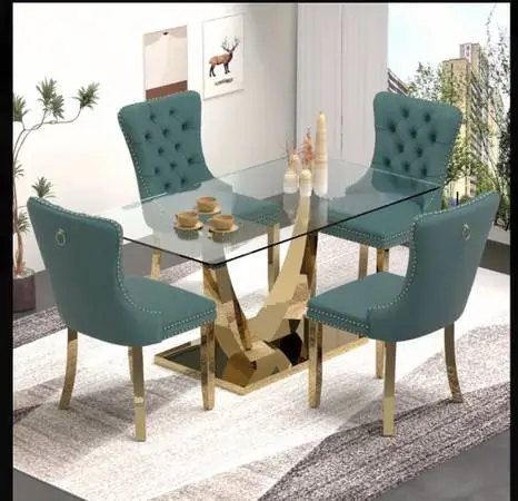 Solid Elegant Glass Dinning Table With Gold Base 4 Chairs