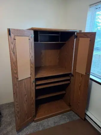 Cabinet with solid & 3 pull-out shelves - Moving so furniture giveaway