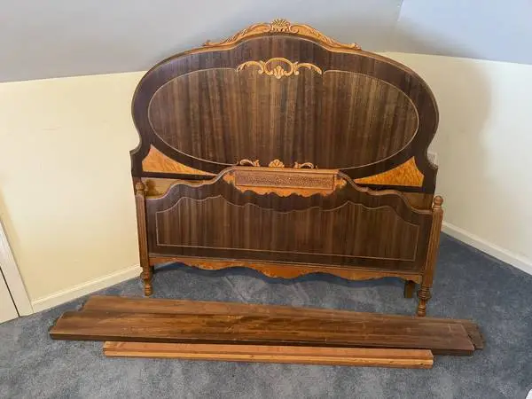 Antique Solid Wooden Bed Frame Set - Ornate Carvings & Inlay