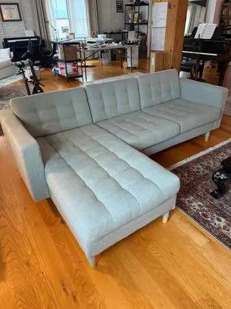 Sofa with Chaise — Soft Blue/Green + Wood Legs — $550 OBO