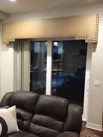 Custom upholstered window or sliding door cornice