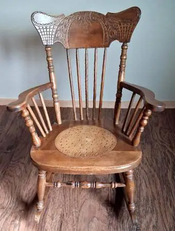 Antique Pressed Back Oak Rocking Chair with Turned Spindles