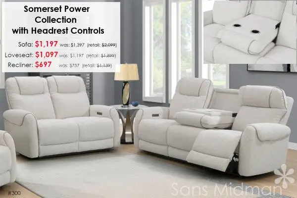 NEW IN BOX! Somerset Fabric Power Headrest Sofa With Drop Down Tray!
