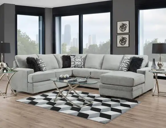 Grey U- Shapes Sectional With Black Fuzzy Oillows