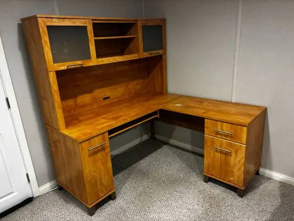 USED Corner Office Desk with Hutch & Storage, Light Wood finish
