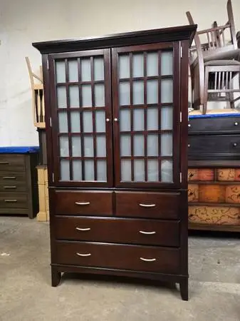 Dark Cherry Armoire / Wardrobe with Glass Doors