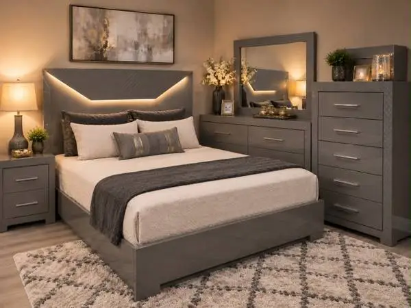 Glossy Grey Bedroom Set With LED Headboard