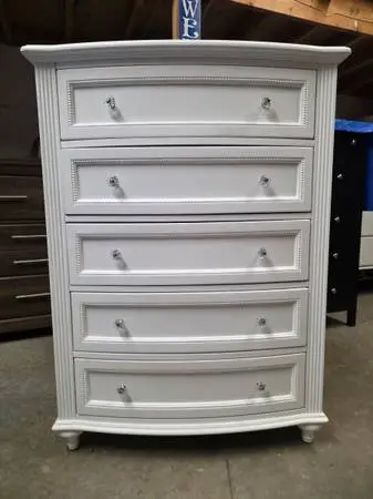 Modern White 5 Drawer Tallboy Dresser with Crystal Knobs