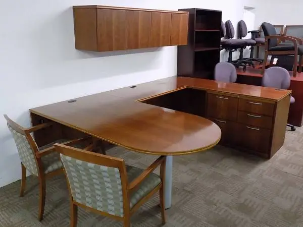 Wood!! Cherry wood D-top U-shape desk with wall mounted storage Used