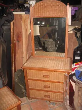 Vintage Rattan/Wicker Dresser/w-Mirror+Nightstand+Lamp