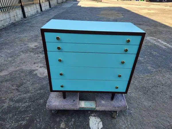 vintage walnut wood low boy 5 drawer, pin legs