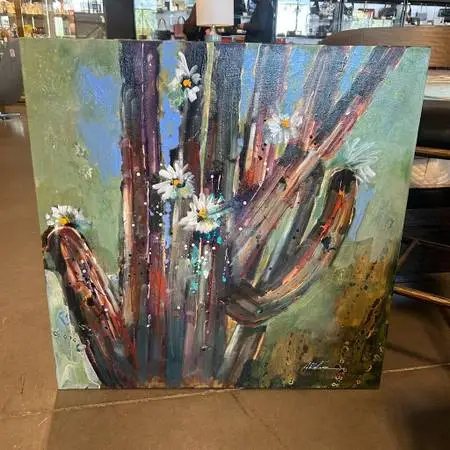 Original Orange/Green Saguaro W/ Flowers - 36X36