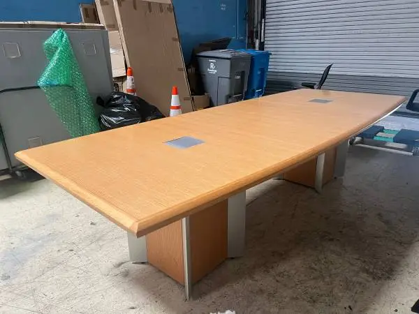 Krug 10 Ft Boat Shaped Table W/ (2) Power Modules. Oak On Rift Wood