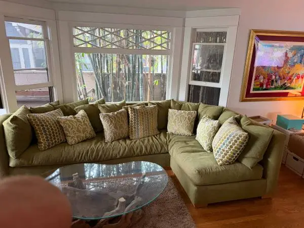 Green custom sofa with custom pillows (down filled)