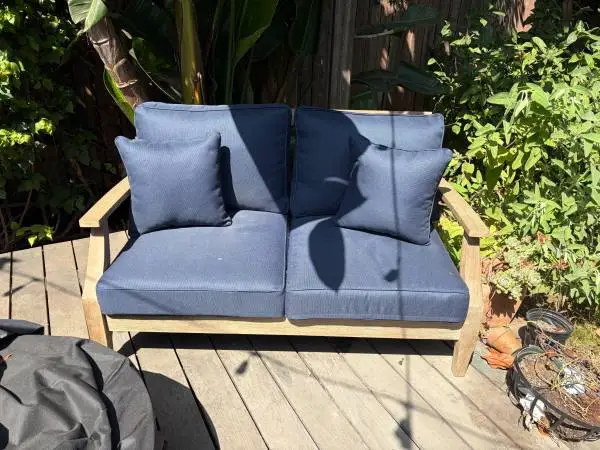 Brand New In Box Wood Outdoor Sofa with Navy Cusions