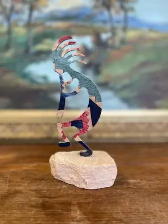 Southwestern Kokopelli Stone Inlay Sculpture on Natural Sandstone Base