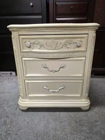 Cream Color Ornate 3 Drawer Nightstand