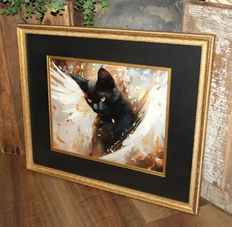 Moody Gothic Victorian Black Cat w/Wings Wall Art in VTG Gold Frame