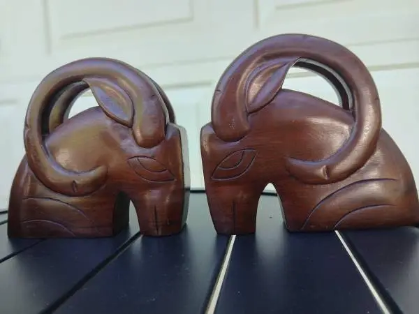Pair MCM Hand Carved Wooden Aries / Ram / Sheep head Bookends/decor