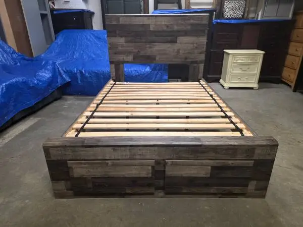 Modern Gray Rustic Full Size Platform Bed Frame with 2 Drawers