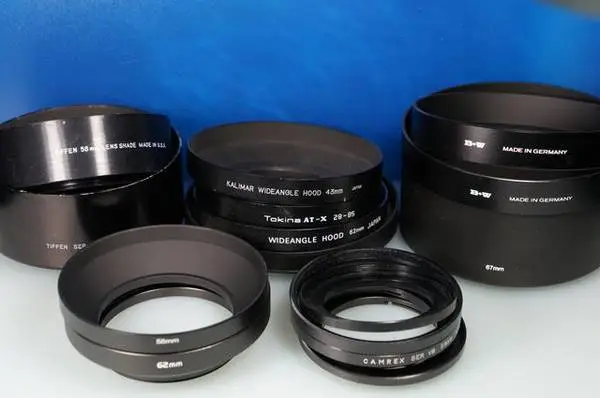 Set of 13 VARIETY OF METAL CAMERA LENS HOODS in DIFFERENT SIZES/SHAPES