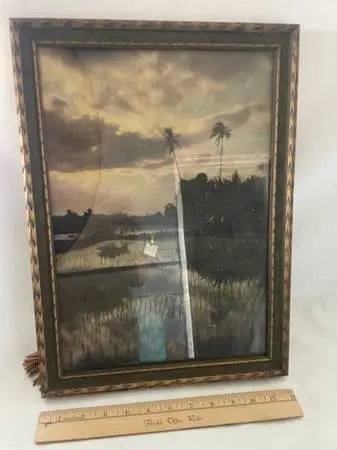 Old Tropical Print With Frame and Broken Glass - 12 x 17