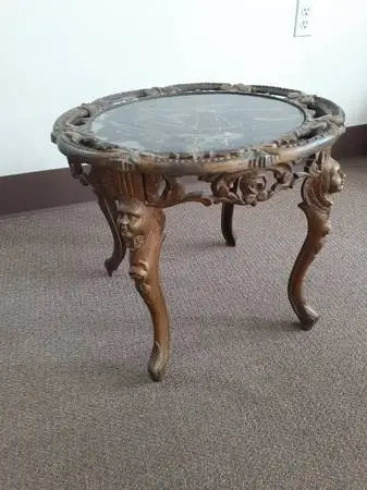 Victorian Style cast iron accent table 1940s w/faux marble glass top