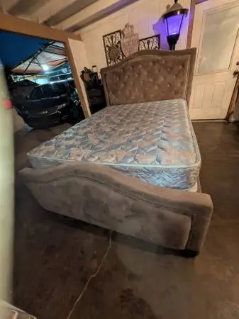 $185 OBO Queen mattress, box spring grey headboard and. Footboard