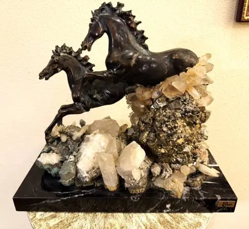 Ebano Cast Bronze Horses and Crystals and Marble Sculpture