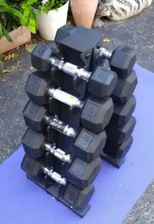 NEW SET OF RUBBER HEX DUMBBELLS & NEW PYRAMID DUMBBELL RACK(PAIRS OF):5s 10s 15s