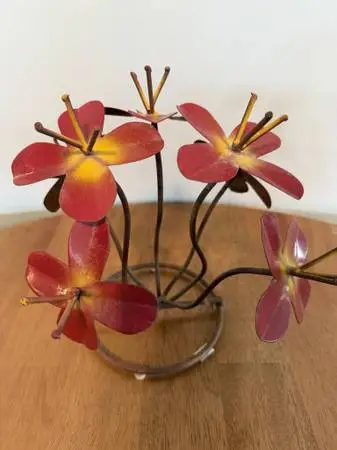 Painted Metal Garden Flowers W/ 7 Red Blooms- 10X10X10H