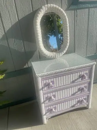 Purple Highlights and White Wicker Small Dresser and Matching Mirror