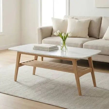 NEW White Marble Coffee Table With Oak Shelf