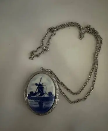 Delft Hand Painted Windmill and Water Silver Toned Locket from Holland