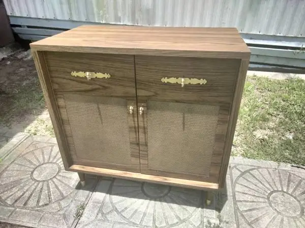 Vintage Mid Century Modern Cane Door LP / Record Cabinet