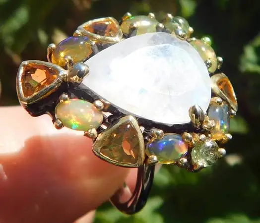 Moonstone, Opal, Yellow Citrine, Tourmaline Ring, Size 8 custom made