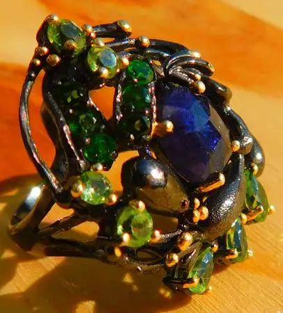 Gothic Natural Sapphire, Peridot Ring Size 7.5. One of a kind jewelry.