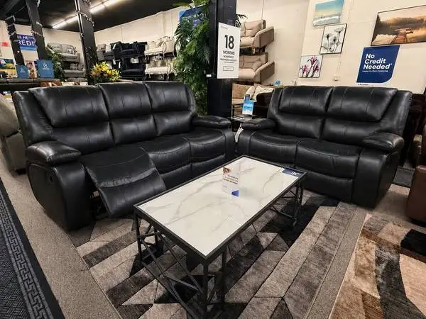 Black Top Grain Leather Reclining Sofa - Manual Double Recliner