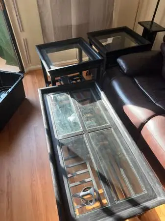 glass coffee table and two side tables