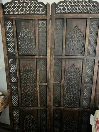 Carved Wood Room Divider Screen Boho, Moroccan/Indian Style Fretwork H