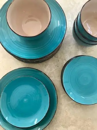 Teal Ceramic Dinnerware - Set of 8 Plates, 8 Salad Plates - 4 Bowls